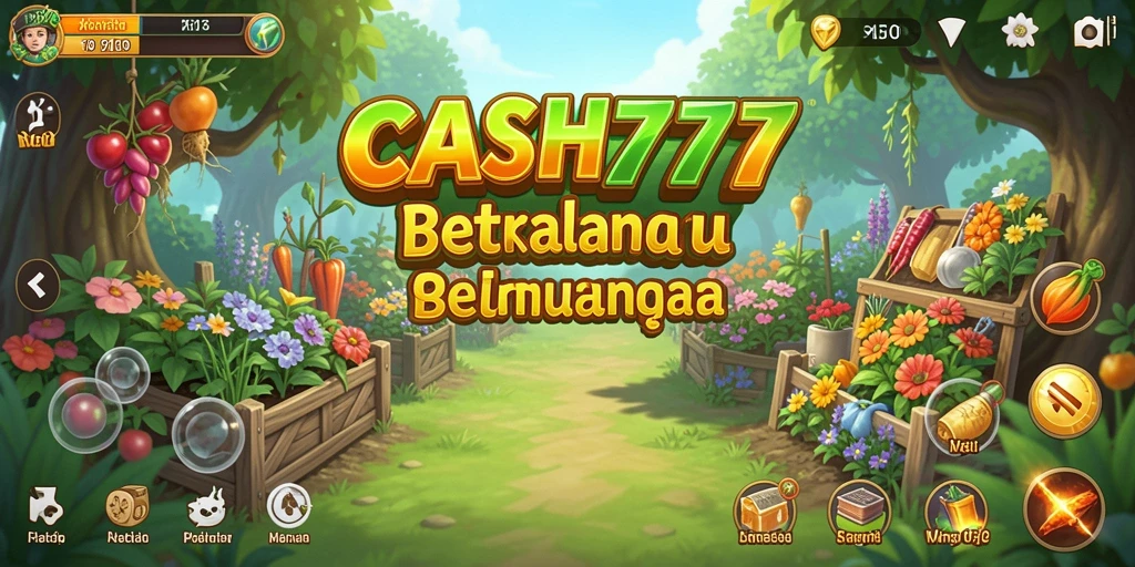 Screenshot utama CASH777 menampilkan suasana pertanian yang cerah dan interaktif.
