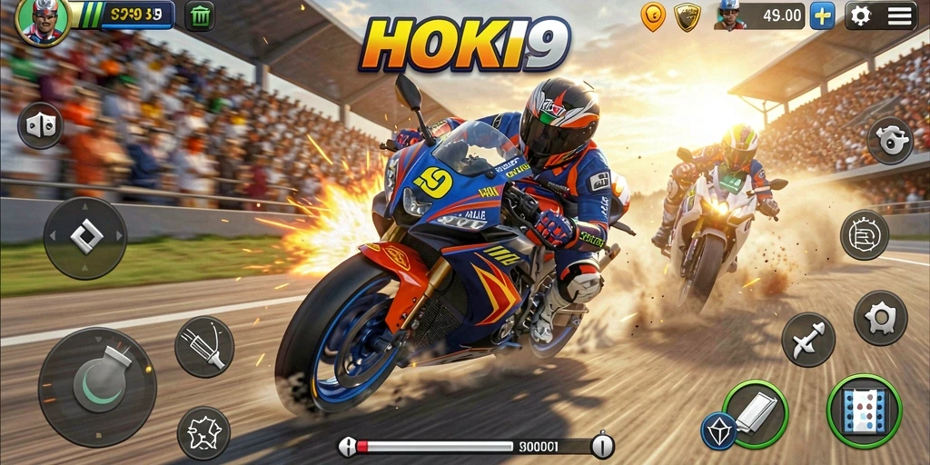 Tangkapan layar gameplay HOKI9 yang menunjukkan balapan motor yang mendebarkan.